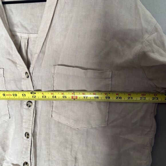 Zara Linen Top Medium Beige Womens Cropped Short Sleeve Boxy Button up Collared - Picture 5 of 7